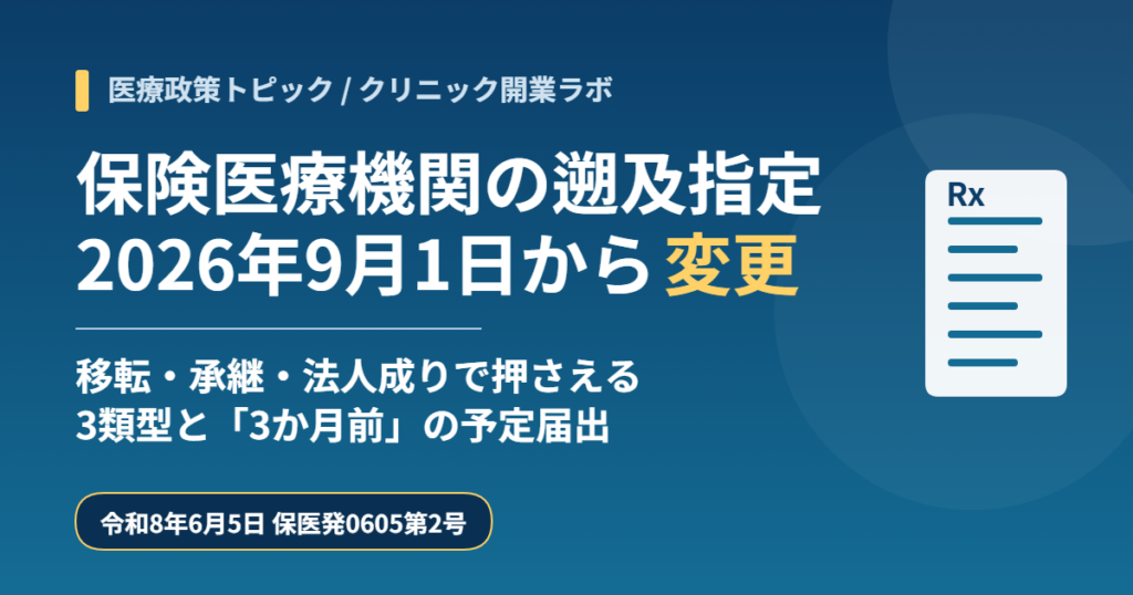 2026年9月1日から保険医療機関の遡及指定の取扱いが変更されることを示すアイキャッチ画像